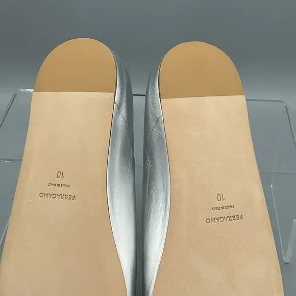 NEW Ferragamo Women’s Vanna Bow Detailed Leather Ballet Flats Silver Size 10 - Picture 9 of 10